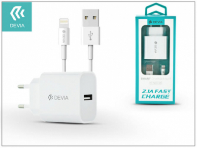 Apple iPhone 5/5S/5C/SE/6S/6S Plus USB hálózati töltő adapter + lightning adatkábel 1,2 m-es vezetékkel - 5V/2,1A - Devia Smart Fast Charger Suit - white