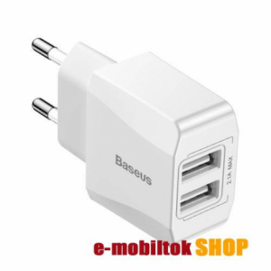 BASEUS hálózati töltő - 12W, 2 USB port, 5V/2.1A (max!), kábel nélkül! - FEHÉR - GYÁRI