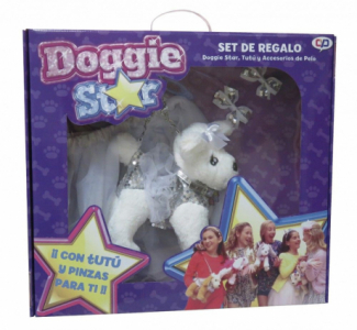 Doggie Star szett, Doggie plüss táska szoknyával és csatokkal, fehér