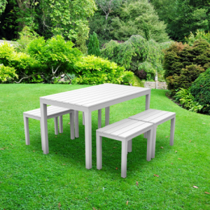SAMOA 5 részes kerti garnitúra asztallal, padokkal, 138x80x72 cm, fehér